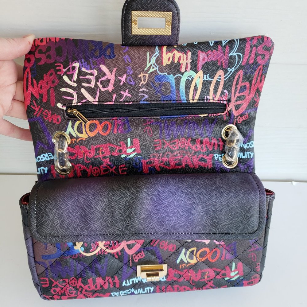New Graffiti Print Vinyl Handbag with Chain Crossbody Strap - Picture 7 of 7